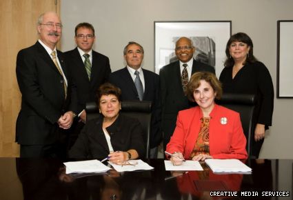 Front row: CUPFA President Maria Peluso (left), Concordia President Judith Woodsworth. Back row, left to right: Provost David Graham, and members of the University and CUPFA negotiating teams: Executive Director Academic Planning and Budgets Serge Bergeron, Chemistry and Biochemistry Professor John Capobianco, part-time Mathematics and Statistics Instructor Umanath Tiwari, part-time Psychology Instructor Leslie Cohen. 